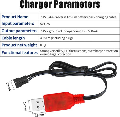 Crazepony 600mAh 7.4V Li-ion Rechargeable Battery - SM-4P Plug & Charger Cable | 2 Pack for RC Boats & Cars