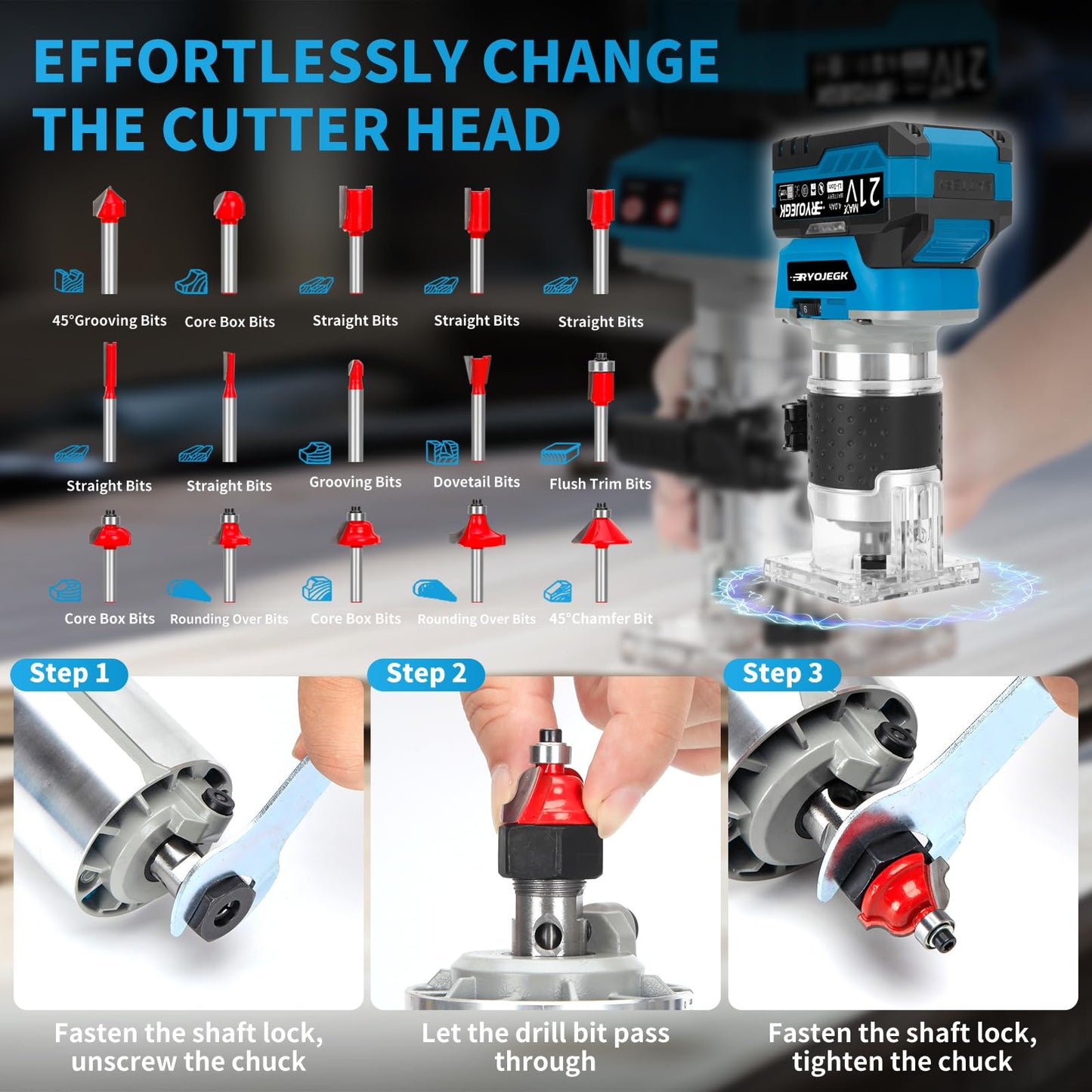 RYOJEGK Cordless Wood Router Tool,21V Brushless Palm Router with 2 x 4.0Ah Battery,Compact Trim Router 6-Speed with 20 PCS 1/4" Bits LED,Fresadora Para Madera for Woodworking Slotting & Edging