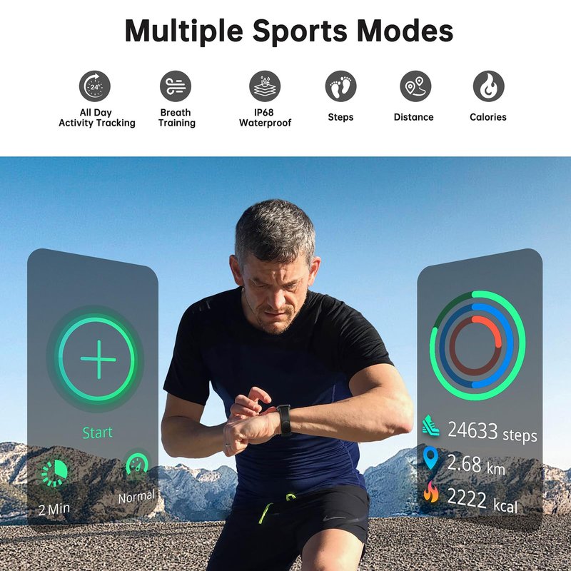 Health Fitness Tracker, Smart Watch with 24/7 Heart Rate and Blood Oxygen Monitor, Sleep Tracker with IP68 Waterproof, Activity Tracker Pedometer Step Counter for Women Men (Black)