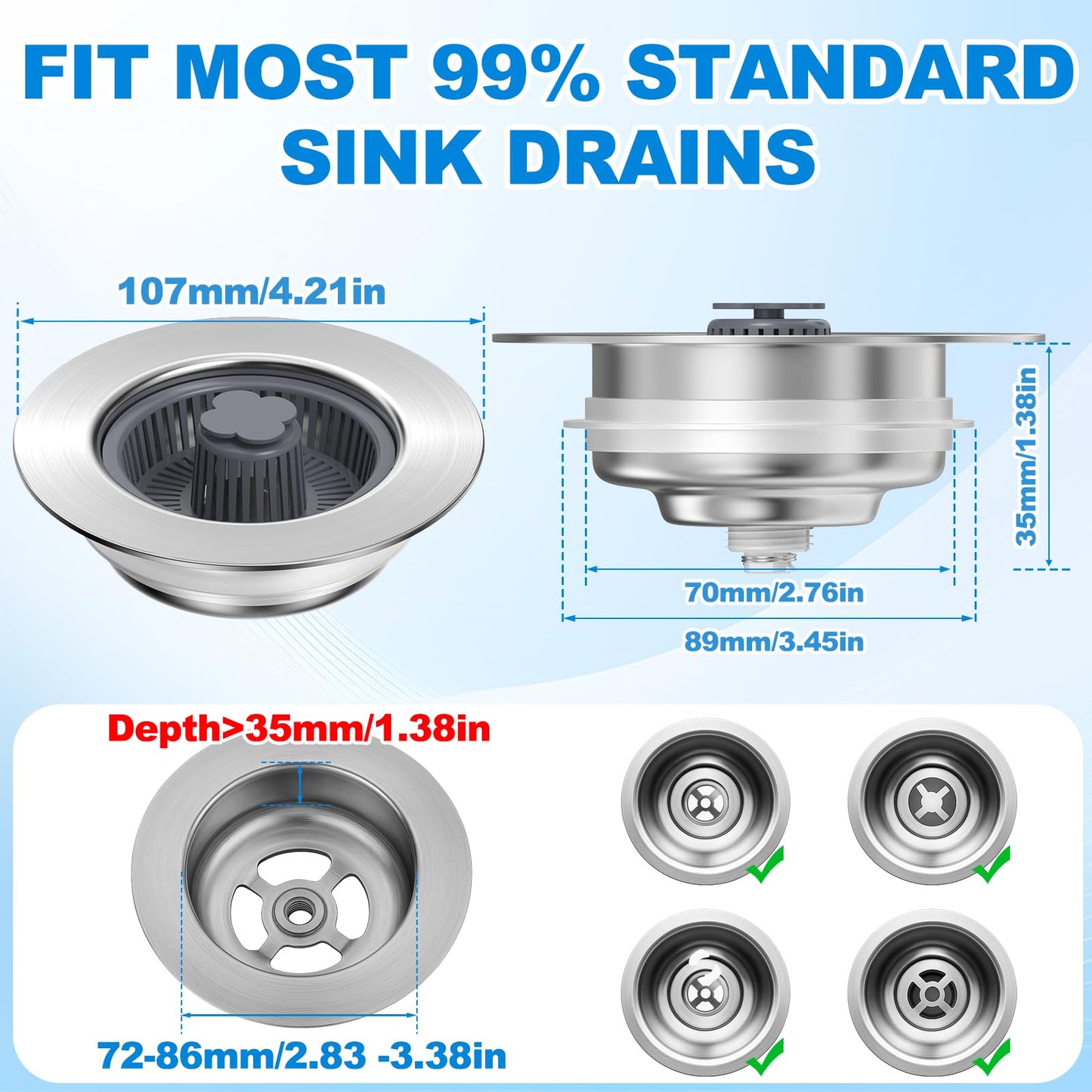Universal 3 in 1 Kitchen Sink Drain Strainer Kit, SUS304 Stainless Steel Pop-up Kitchen Drain Stopper with Strainer Basket, Fast Drainage Kitchen Sink Plug for Standard 3-1/2 Inch Drain, Silver
