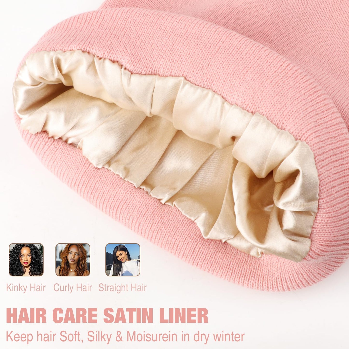 AQOKKA Womens Satin Lined Knit Beanies Hat Warm Silk Lined Winter Hat for Women Men Soft Slouchy Cuffed Unisex Skull Cap