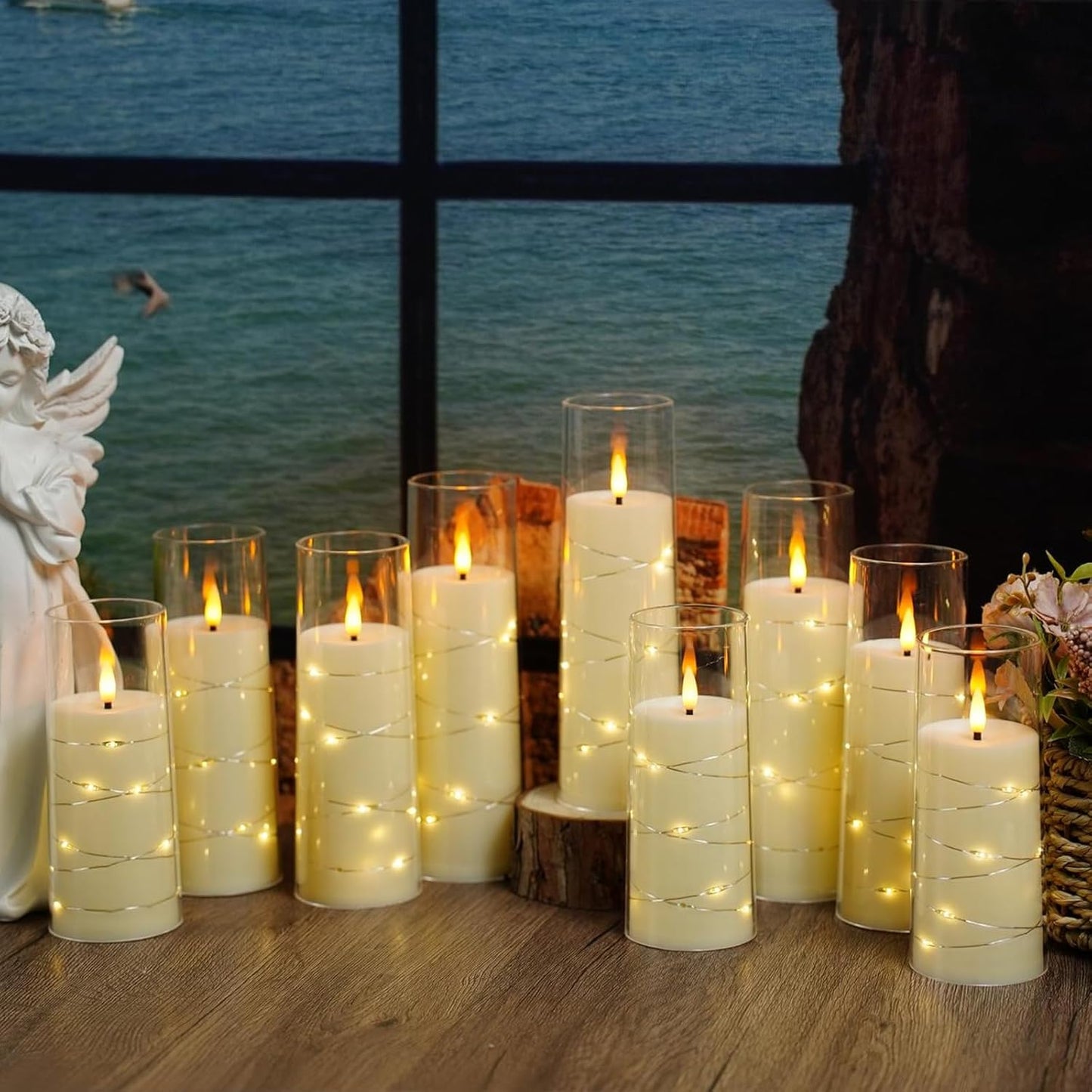 Flameless LED Pillar Candles Set - 9 Pcs White with Remote & Star String for Home Decor