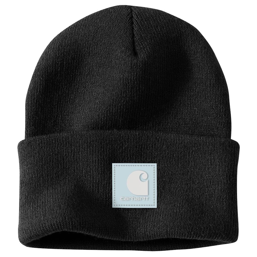 Carhartt Men's Knit Rubber Patch Beanie, Black/Early Fog, One Size