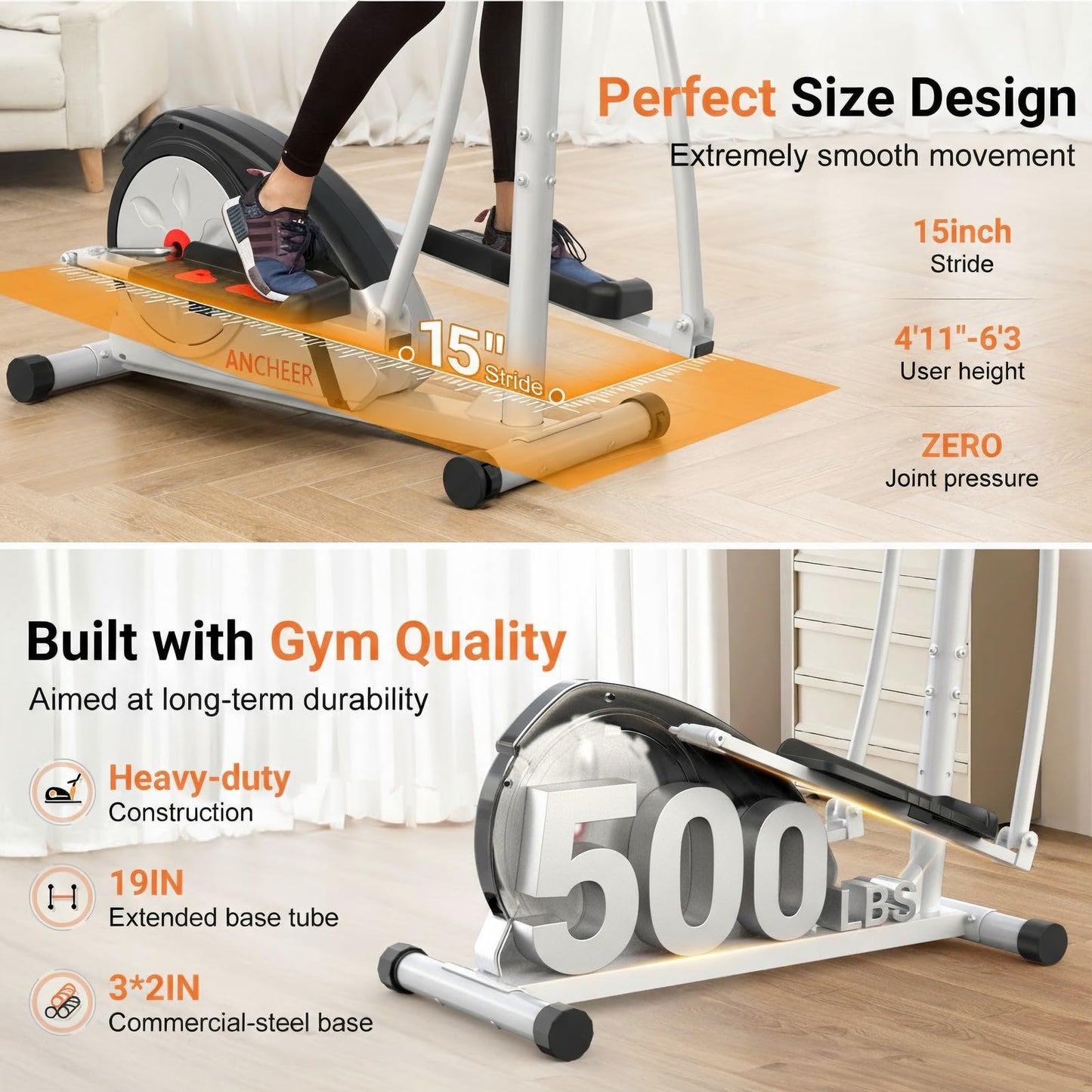 ANCHEER Elliptical Exercise Machine, Elliptical Trainer for Home Gym, Exercise Equipment 500Lbs Max Weight, Ultra-Silent Elliptical Machine, with Pulse Rate Grips, LCD & Smooth Resistance Levels
