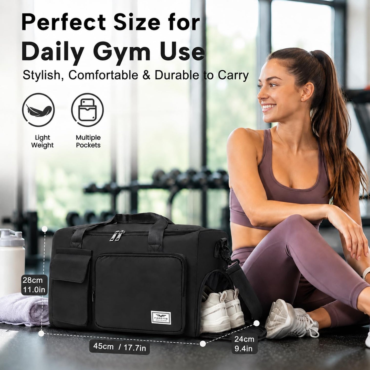 FIORETTO Women's Gym Duffle Bag with Shoes Compartment, 30L Capacity, Ideal for Travel, Gym, Sports, Duffel, Weekender, Black