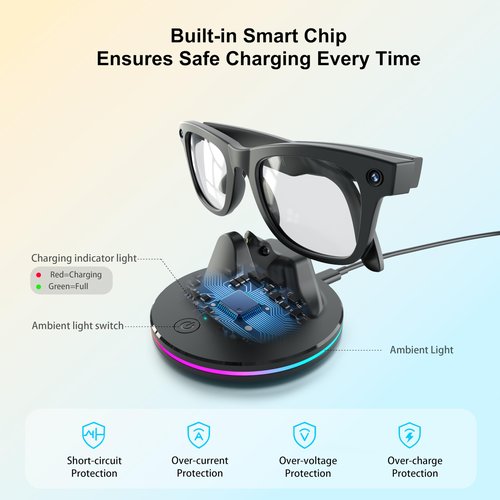 BLUZOVR Charging Dock for Ray-Ban Meta Smart Glasses,Charging Station Compatible with Wayfarer, Skyler, Headliner & Oakley HSTN,Smart Glasses Accessories with LED Indicator,Ambient Lighting,Black