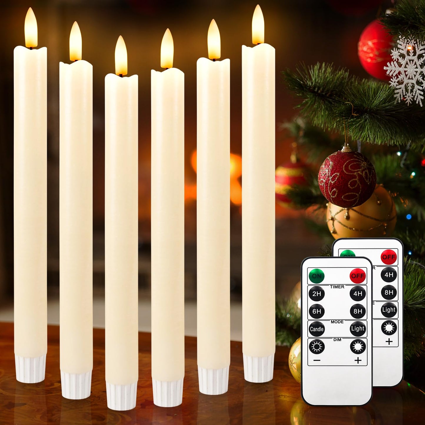 idyl light Flameless Taper Candles with Remote Timer, 9.8 Inches 3D Flickering Flame Led CandleSticks Battery Operated Window Candles for Fireplace Halloween Christmas Home Wedding Decor (Ivory)