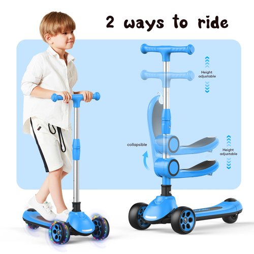 Kids Scooter,LED Lighted Wheels and 3 Adjustable Height Handlebars Scotters for Kids 3-12,3 Wheel 2-in-1 Toddler Kick Scotter for Boys & Girls up to 132 Lbs.