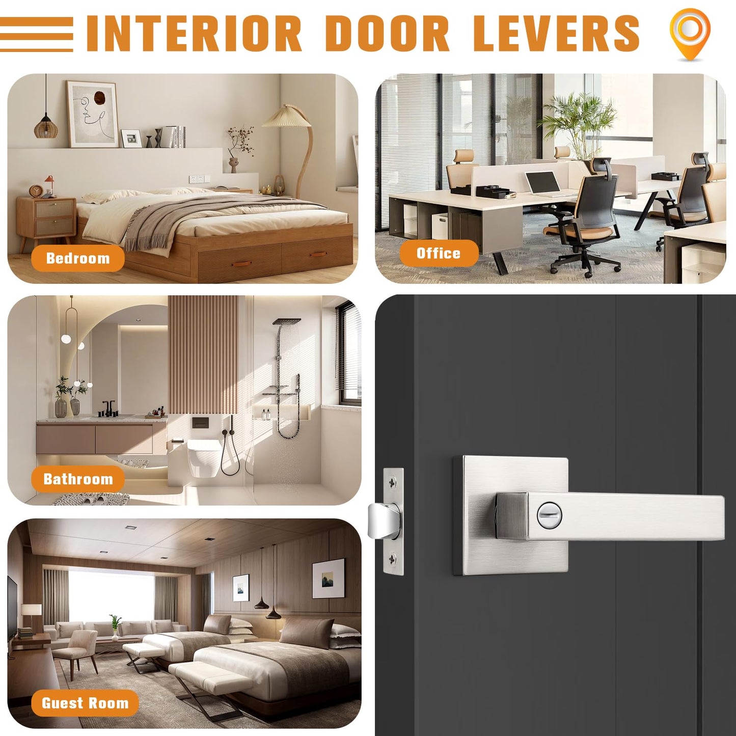 Probrico Interior Brushed Nickel Door Handle, Heavy Duty, Flat Square Privacy Door Handles, Keyless Door Levers Lockset for Bedroom and Bathroom (4 Pack, Modern)