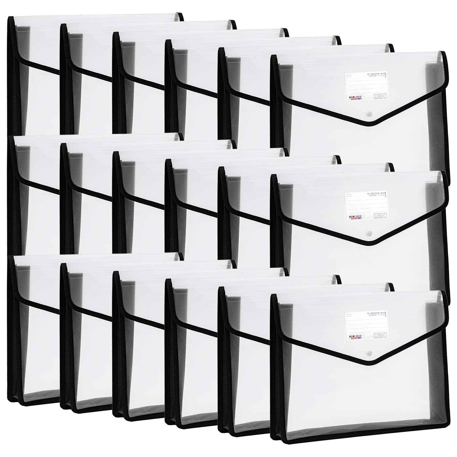 YoeeJob Plastic File Folders Legal Size Expandable Document Folder with Snap Button Closure, A4 Expanding File Wallet Envelopes Pouch with Label Pocket, 18 Packs, Black