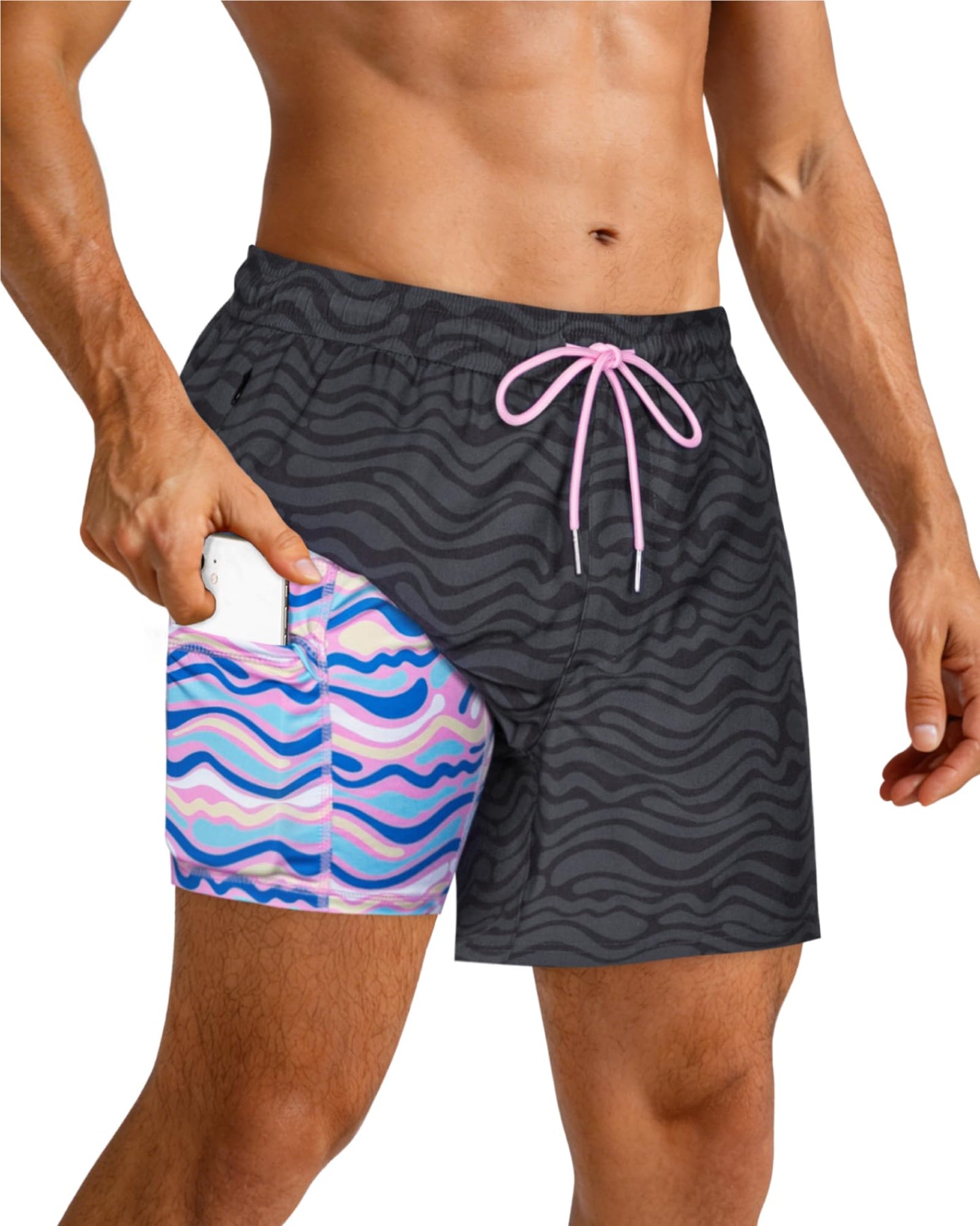 SURF CUZ Mens Swim Trunks with Compression Liner Mens Swimming Trunks 5 Inch Bathing Suit with Zipper Pockets Quick Dry Swim Shorts Black Cloud Wave Large