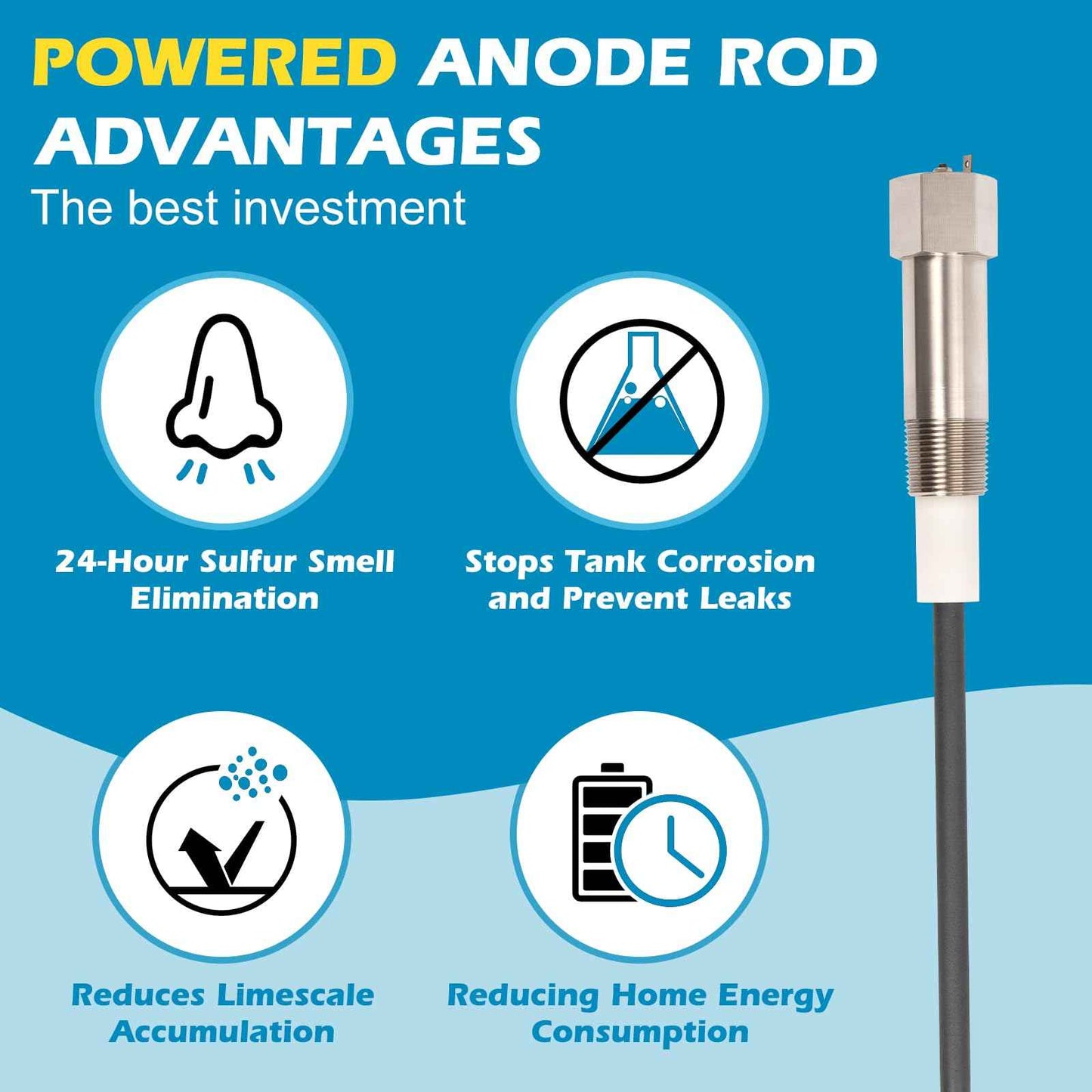 Powered Anode Rod (With Green Light) for Water Heater, 24-Hour Egg/Sulfur Smell Elimination, Stops Corrosion and Reduces Limescale, Titanium Electric Anode Rod for 40-89 Gallon Tanks, 25-Year Warranty