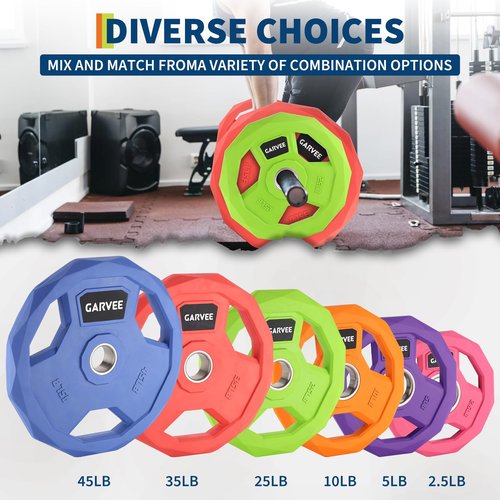 GarveeLife 2-Inch Rubber Coated Weight Plates Set - 2.5-45 Lbs Color Coded Bumper Plates for Home Gym, Weightlifting, Barbell Training - Cast Iron Plates Set