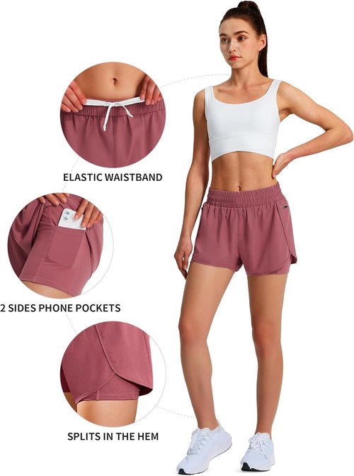 Ksmien Women's Running Shorts - Quick Dry Lightweight Athletic Shorts with Liner & Phone Pockets