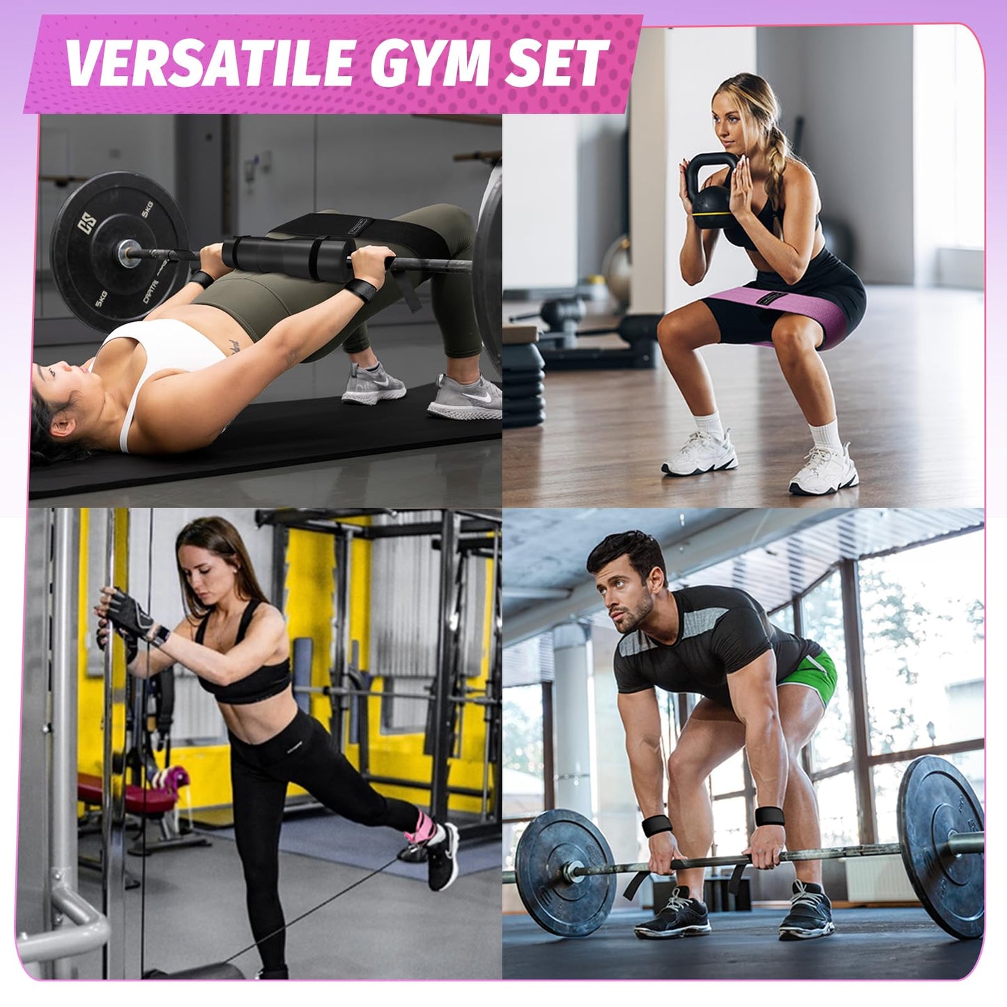 Turakun Gym Barbell Pad Set: Hip Thrusts Pad for Squats Ankle Strap for Cable Machine Hip Resistance Band Weight Lifting Strap and Carry Bag Gym Equipment Accessories, Pink