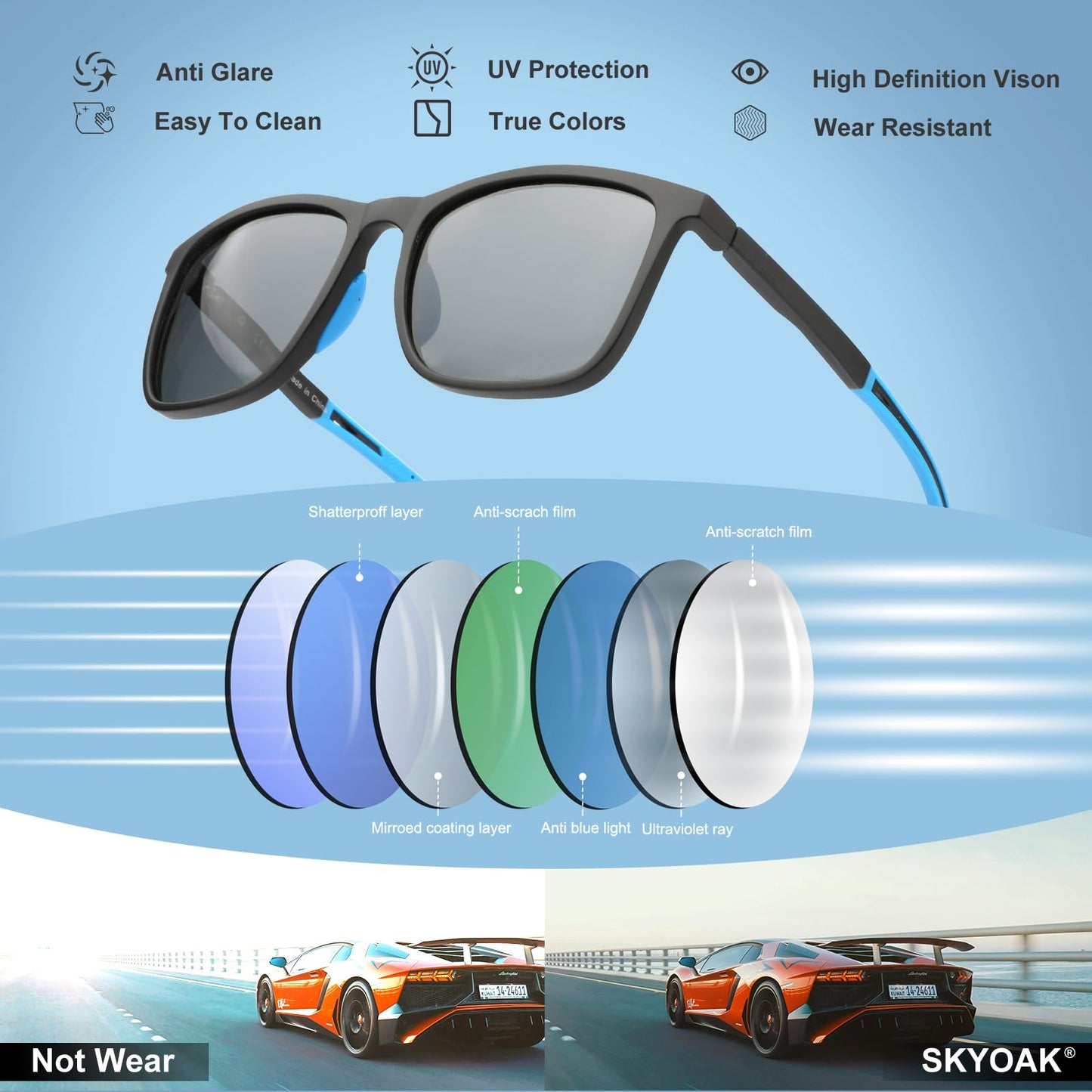 SKYOAK Premium Large 158MM XXL Polarized Sunglasses for Men Women, Scratch/Saltwater Resistant/Oleophobic Coating Lens Sun Glasses TR Frame Stylish Oversized Shades (2 Pack, Black & Blue)