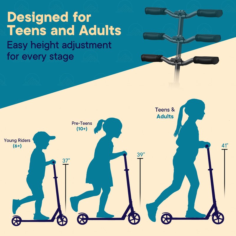 Outdoor Cruiser Kick Scooter for Ages 6+, for Kids, Teens, and Adults, Max Load 250 LBS, Foldable, 8-inch Wheels for Kids and Adults, Dual Suspension, 3 Adjustable Levels, Child Safety Approved, Blue