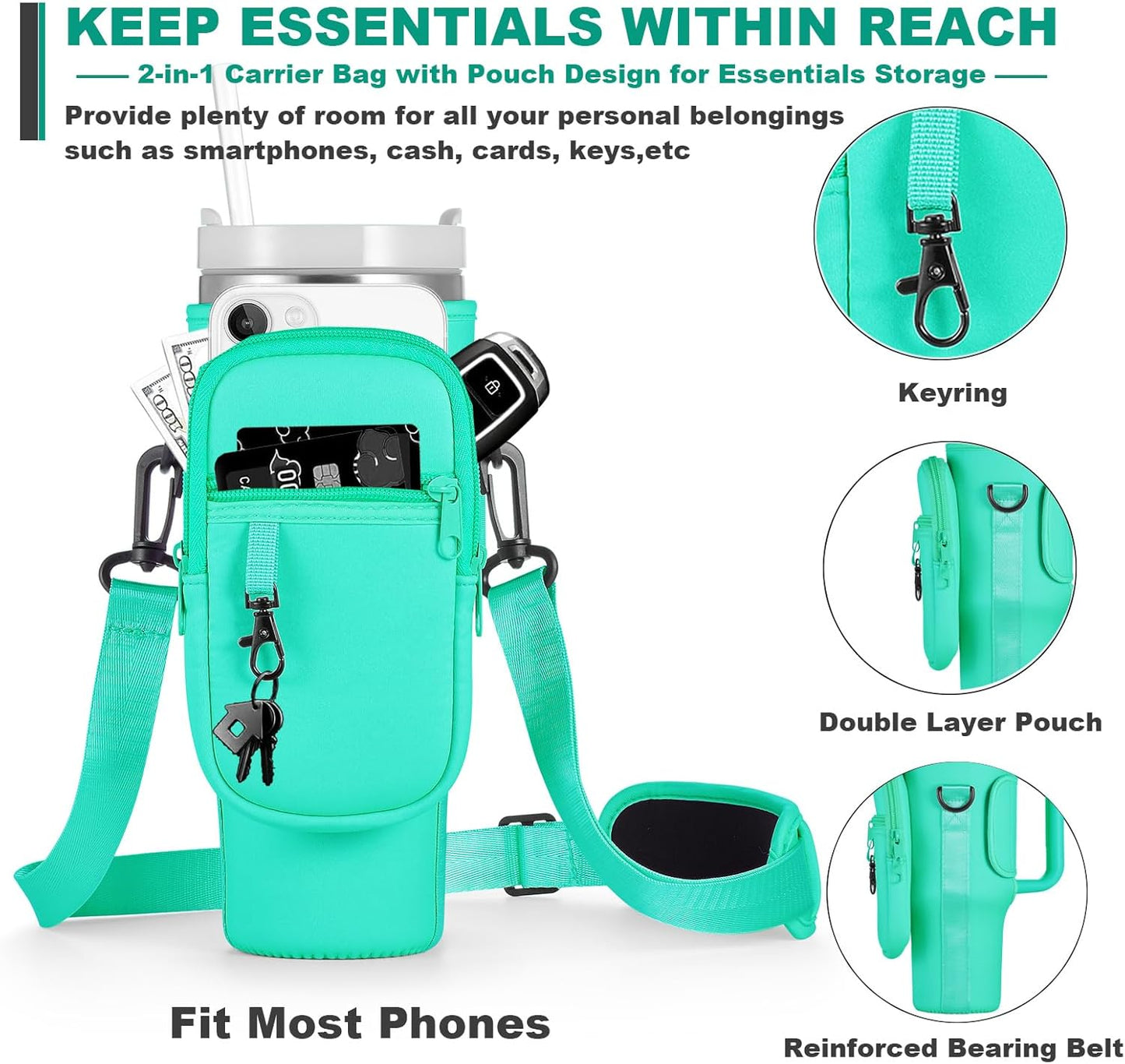 Stanley Water Bottle Carrier Bag - Insulated Neoprene Cup Holder with Phone Pocket | Adjustable Strap, Pink