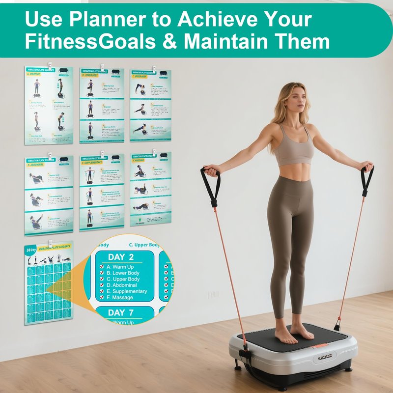 Vibration Plate Exercise Machine Poster - Upgraded 6 Workout Guidance & 10 Pcs Planner & 10 Pcs Double-Sided Clips, Comprehensive Whole Body Wave Vibrating Workout Chart, Green