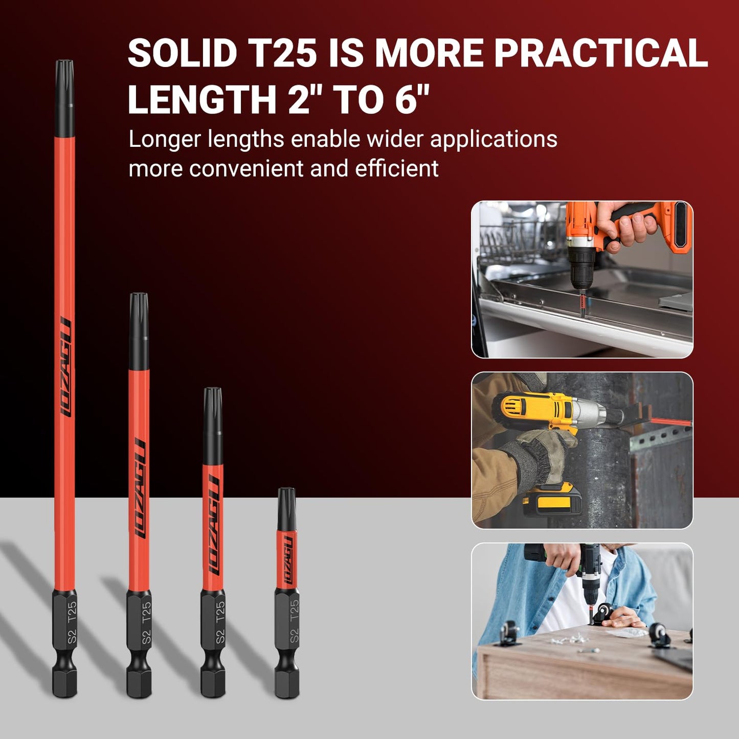 LOZAGU 10-Piece T25 Torx Bits, 2'' to 6'' (50-152mm), Magnetic T25 Torx Bits for Impact Driver, 1/4 Inch Hex Shank | S2 Steel