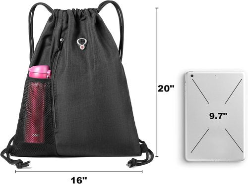 BeeGreen Black Drawstring Gym Bag - Large Sports Backpack with Water Bottle Pocket & Front Zippered Pocket