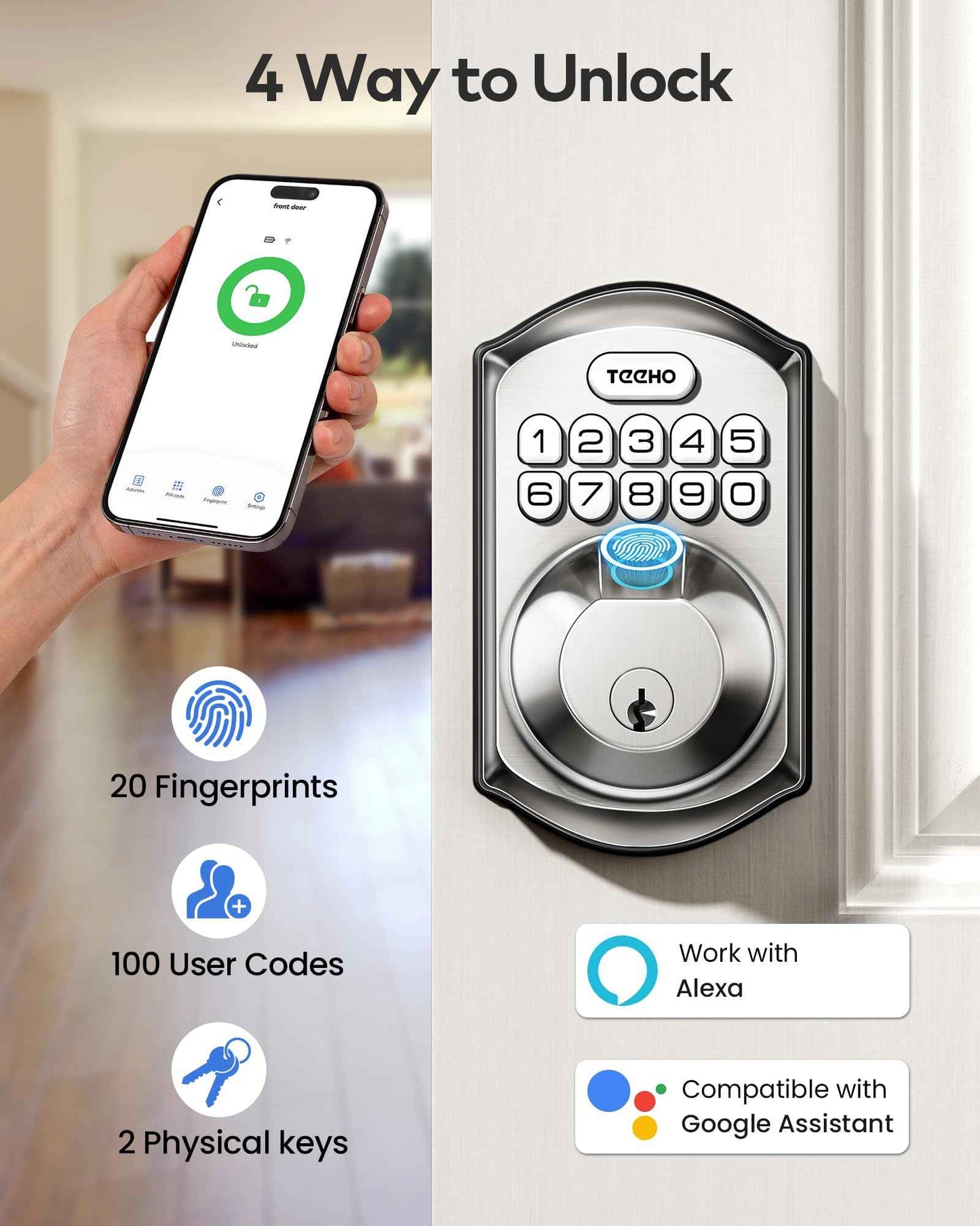 TEEHO TE012W WiFi Smart Lock, Fingerprint Door Lock with Built-in Wi-Fi, Keyless Entry Keypad Smart Deadbolt, App Remote Control, Alexa Compatible, IP55 Waterproof for Front Door – Satin Nickel