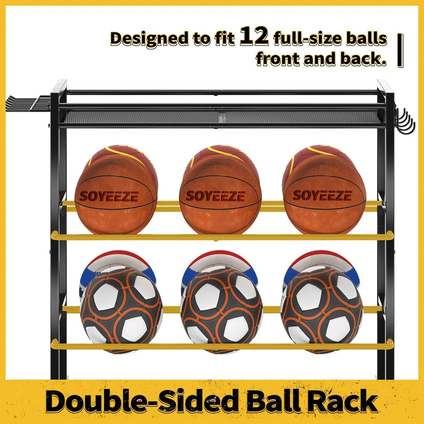 SOYEEZE Sports Equipment Organizer - 4-Tier Ball Storage Rack with Wheels & Hooks for Garage or Gym Use
