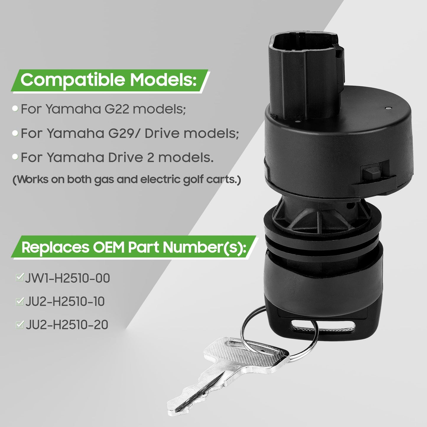 10L0L Golf Cart Ignition Key Switch for Yamaha G22 G29 Drive 2, OEM JW1-H2510-00, JU2-H2510-20 - 2 Position On/Off Replacement Ignition Switch with 2 Stander Keys for Gas 2005-UP Electric G29