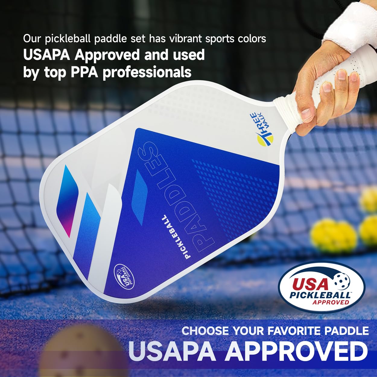 THREEWALK USAPA Approved Pickleball Paddle – Carbon Fiber Surface & Quiet 16mm Poly Core | Lightweight Control Paddle with Extended Handle & Edge Guard (Includes Paddle Cover, Blue/White)