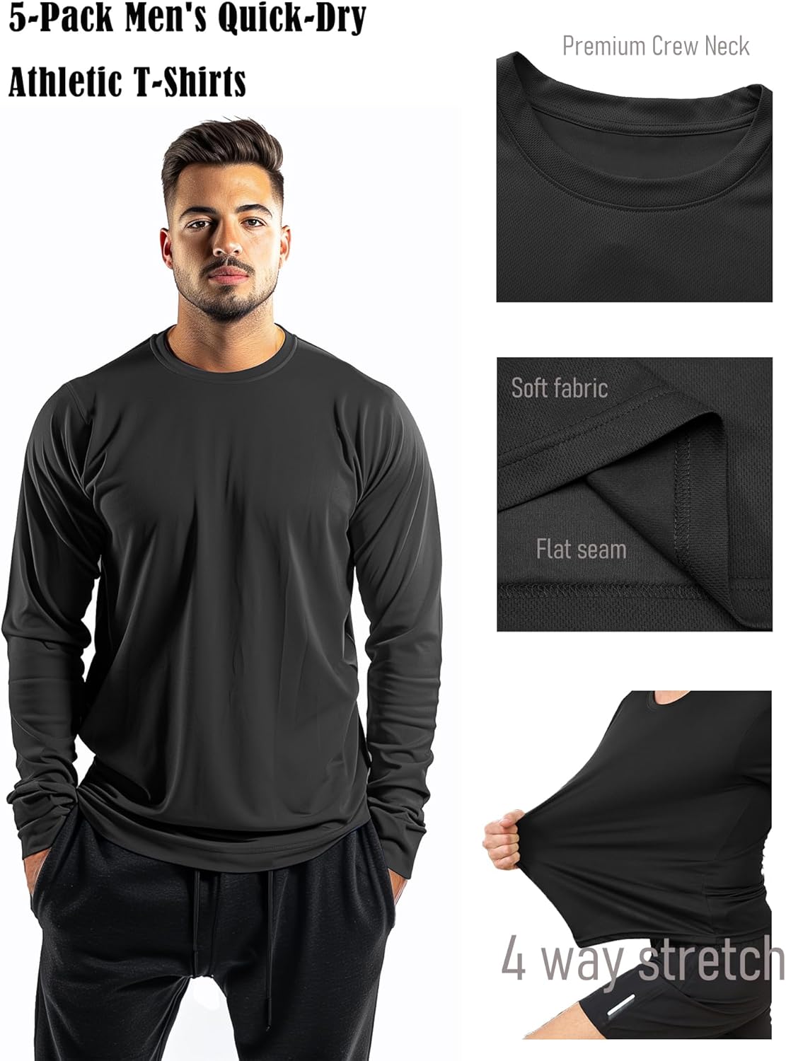 Skiennix Men's Long Sleeve Shirts - Quick Dry Moisture-Wicking Athletic Workout Tees | 5 Pack
