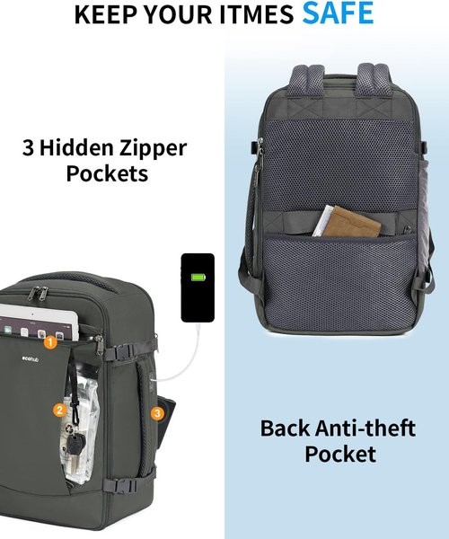 ECOHUB Travel Backpack - USB Charging, Anti-Theft Pockets, 15.6 Inch Laptop Compatible | 30L, Grey Green