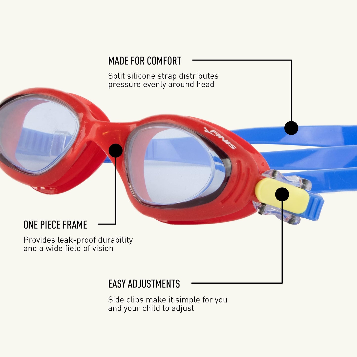 FINIS Betta Swim Goggles for Kids - Ages 5-10 - UV Protection - Anti-Fog Lenses - Soft Silicone Fit - Red/Blue