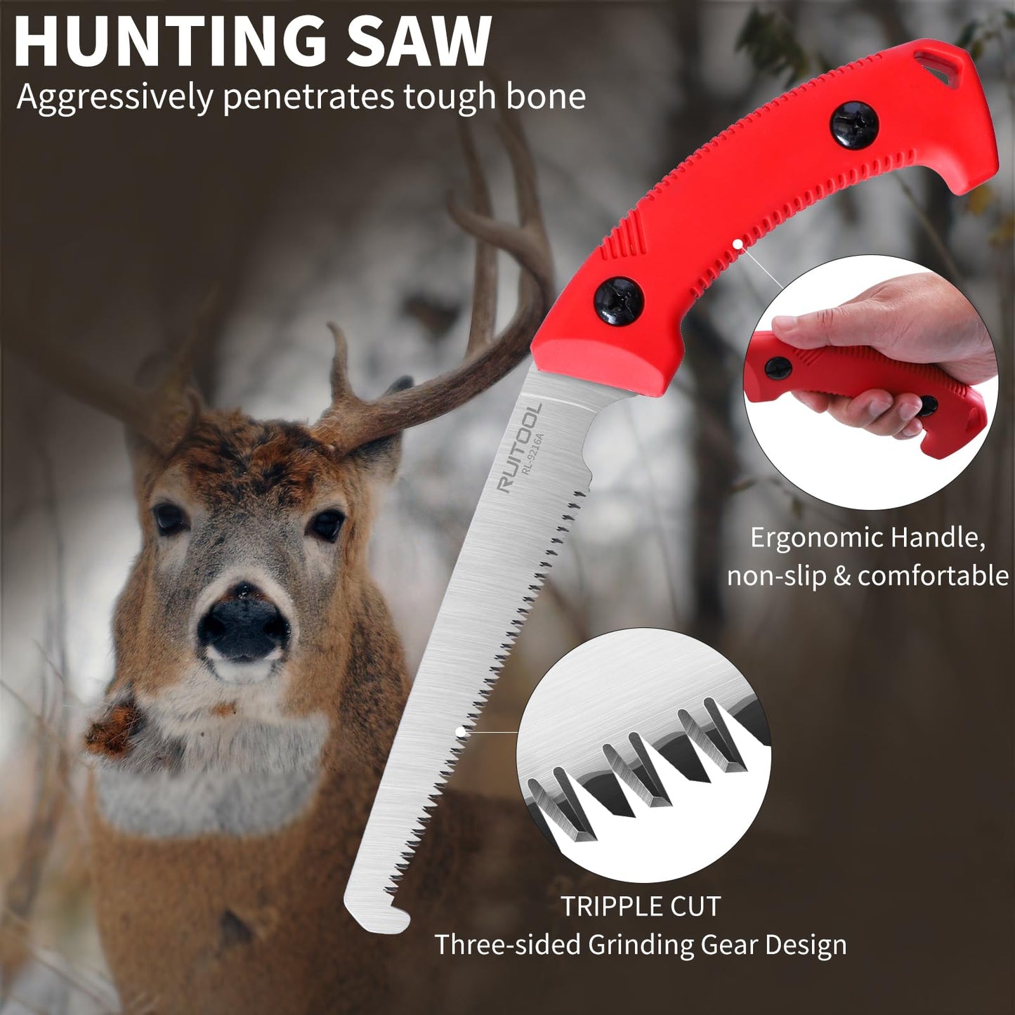 RUITOOL Bone Meat Saw for Hunting and Butchering, Camping Saws for Rib Cutting, Outdoor Portable Hand Saw with Non-Slip Handle, High Carbon Steel 12 TPI Saw Blad with Triple Ground Saw Teeth