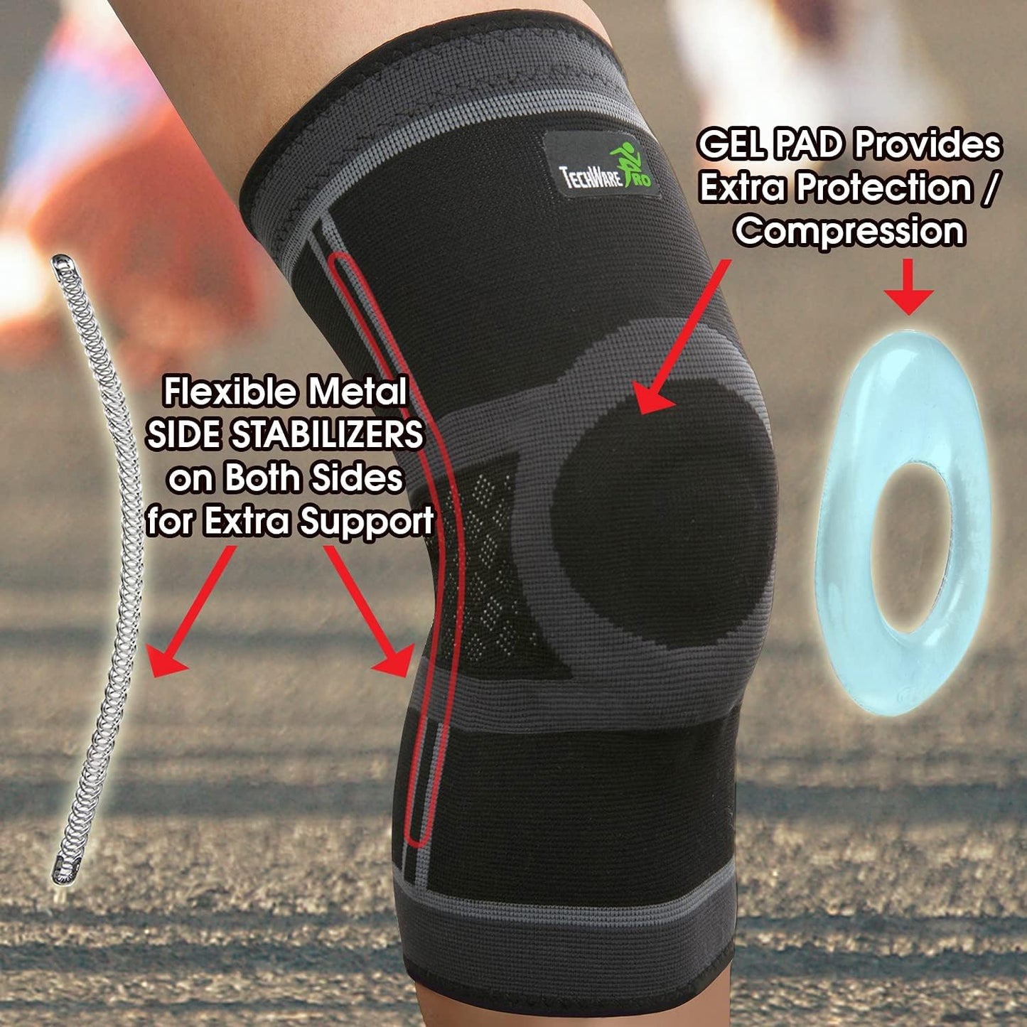 TechWare Pro Knee Brace for Women & Men - Knee Compression Sleeve for Knee Pain, Knee Support. Knee Brace for Meniscus Tear, ACL, and Arthritis with Side Stabilizers & Gel Pads (Black/Gray Large)