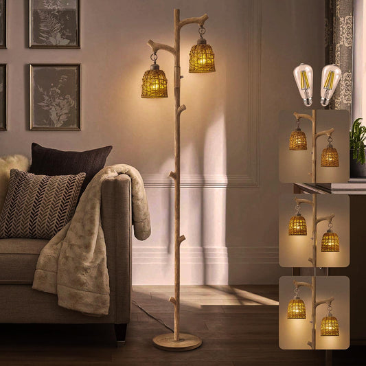 68" Rustic Farmhouse Floor Lamp for Living Room, Country Cottage Tree Trunk Floor Lamp with Wicker Drum Shade Stepless Dimmable, White Washed Resin Tall Standing Lamp for Bedroom Reading Room