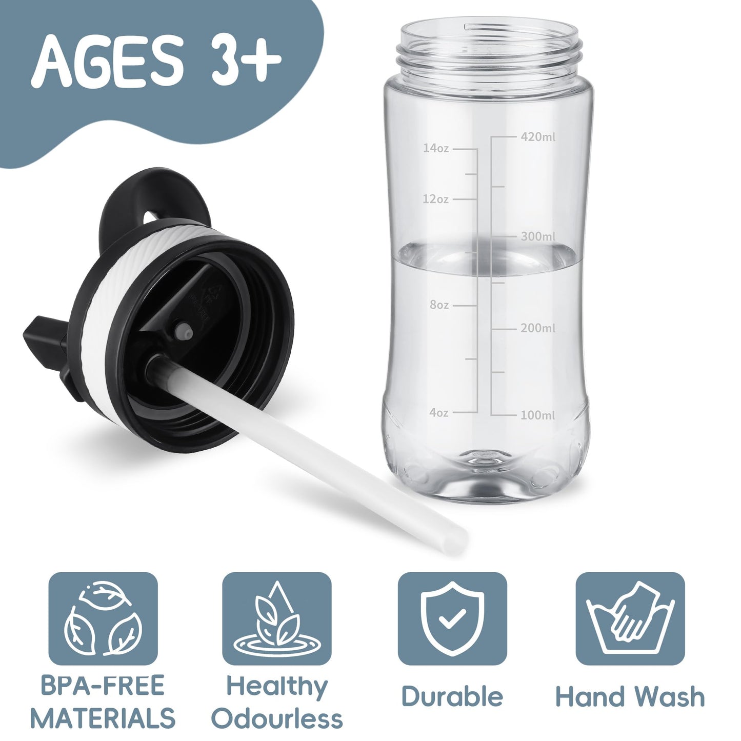 Edmyre 14oz Clear Kids Water Bottle with Straw Lid, BPA-Free Tritan, Measurement Scale, Sturdy Handle Wide Mouth Leak-proof Reusable Plastic Bottle for Boy& Girls, Back to School（Clear）