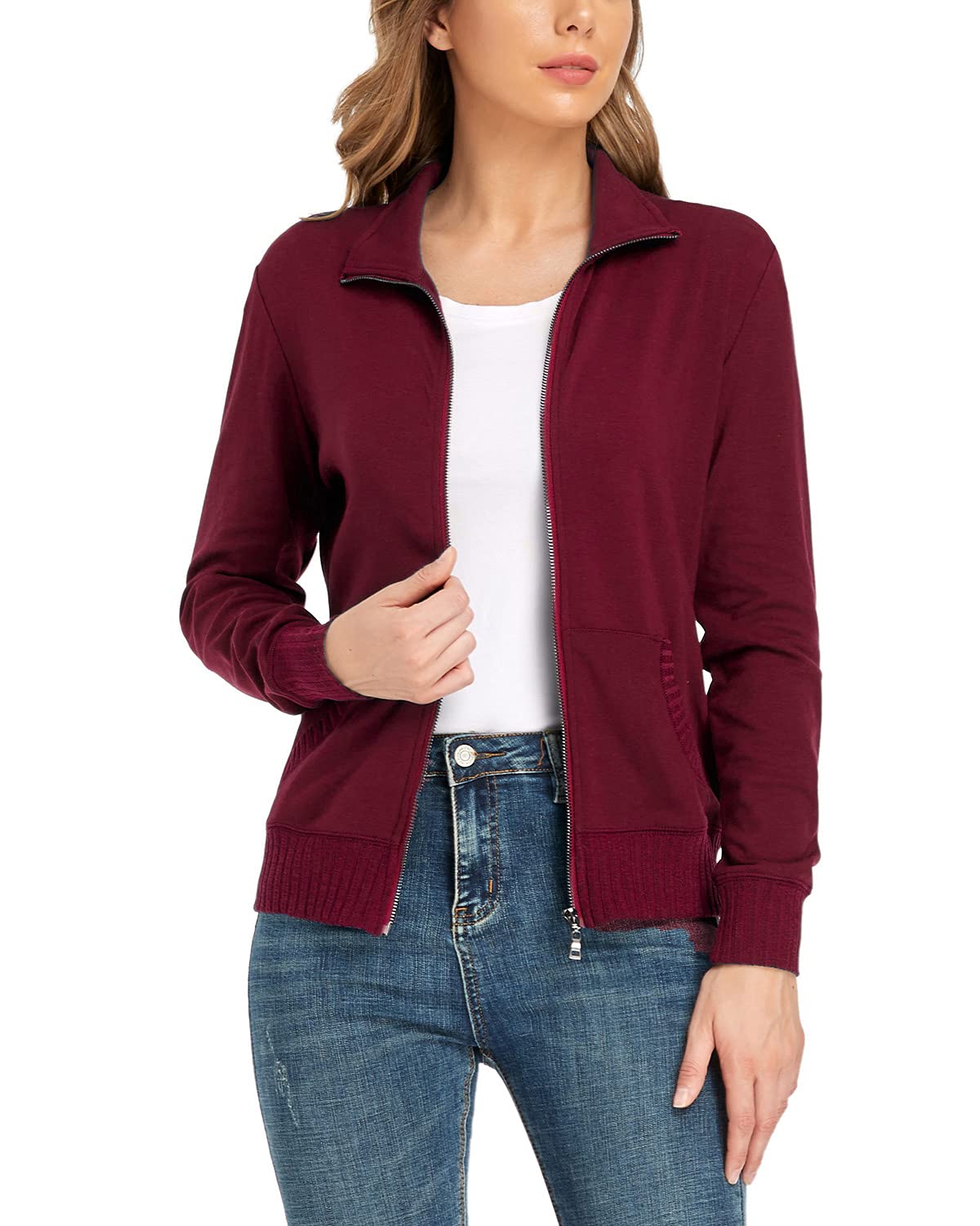 andy & natalie Women's Zip up Jackets Sweatshirts Jacket Stand Collar Jacket with Pockets