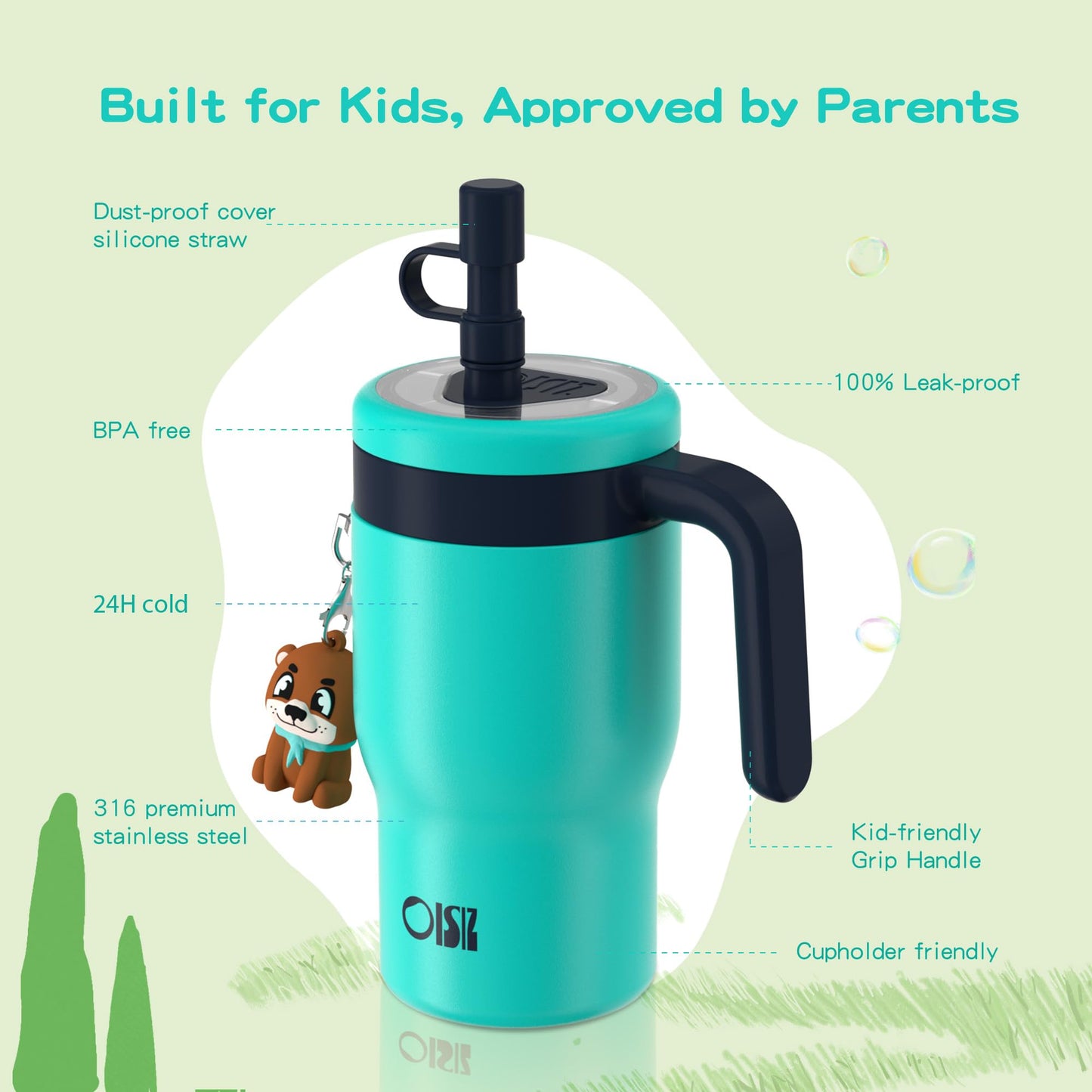 OISIZ 14oz Kids Tumbler with Straw Lid & Handle,Kids Cup with Animal Accessory for School,Kids Water Bottles with Dust-proof Cover,Leakproof Bottles,316 Stainless Steel,Keep Cold 24 Hours-dark green
