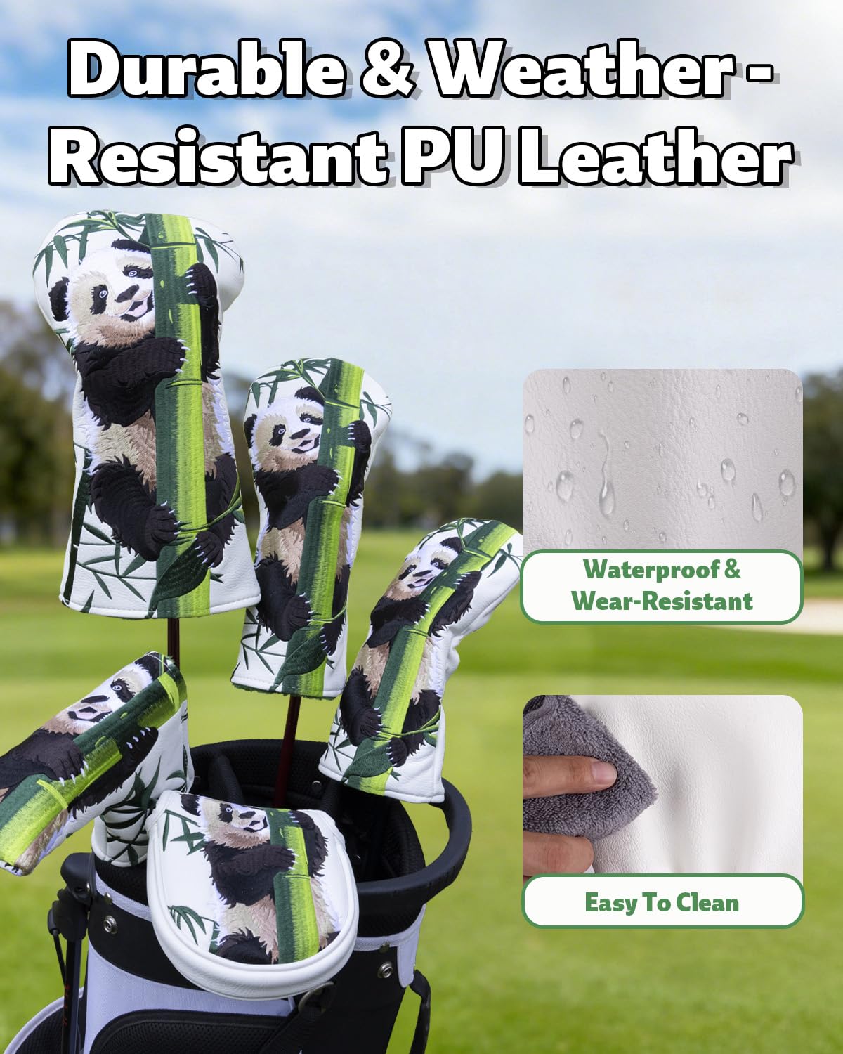 3pcs Panda Style Golf Head Covers, YXFSG Golf Club Covers Funny for Drivers, Fairway Woods, Hybrids, Mallet Blade Putter Golf Headcovers with Advanced Embroidery Soft Lined PU Leather for Most Brands