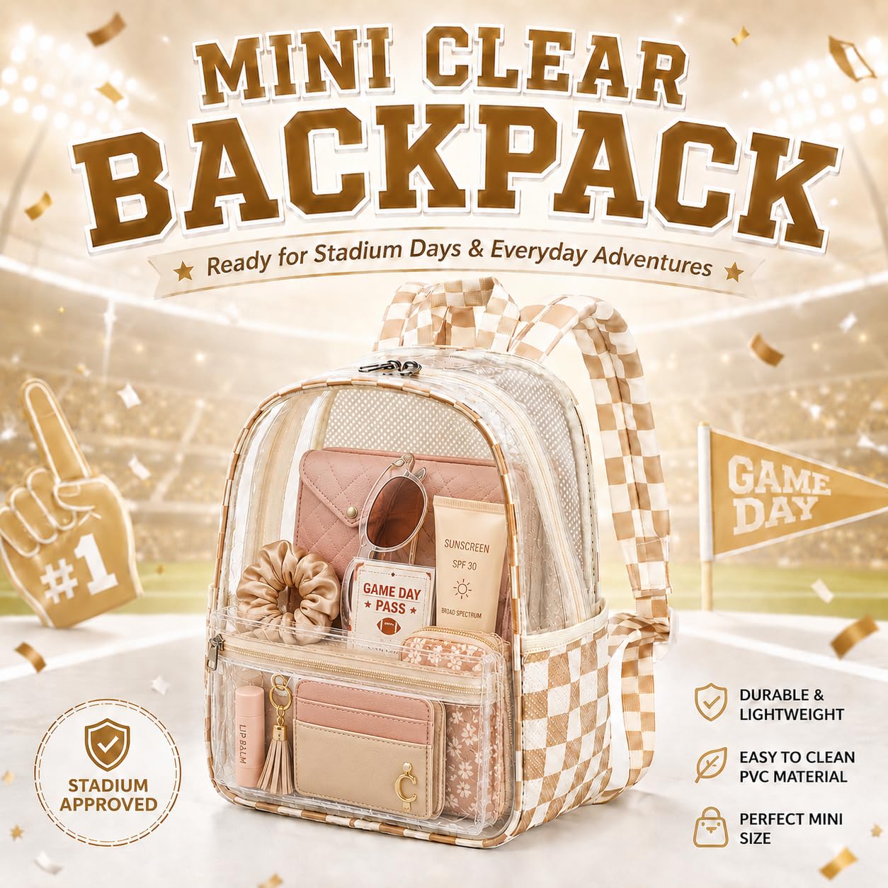 BTOOP Mini Clear Backpack for Stadium Events, 12 x 9 x 5 Inch Transparent PVC Bookbag, Fits Within Common 12x12x6 Stadium Bag Limits, for Concerts, Festivals, Women and Teens
