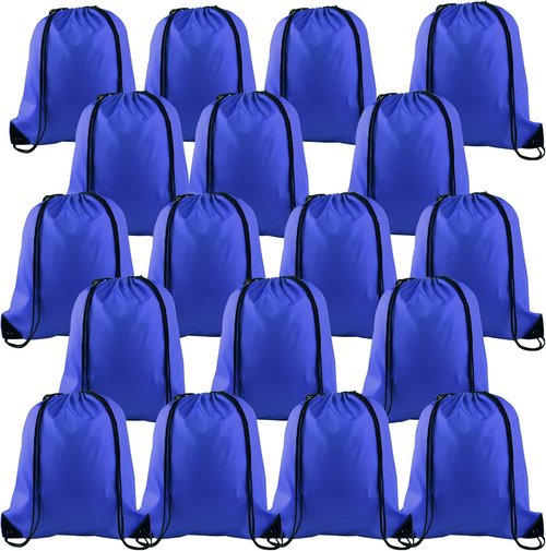 KUUQA Drawstring Backpack Bags - 20Pcs Bulk Set in Blue | Foldable Sport Gym Sacks for Travel & Shopping