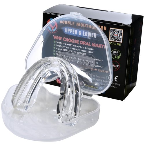 Oral Mart Braces Mouth Guard for Sports (Pure Clear) - Instant Fit (No Boil) Double (Upper & Lower) Mouthguard for Lacrosse, Hockey, Muay Thai, Football, MMA, Rugby, Karate, Boxing (with Case)