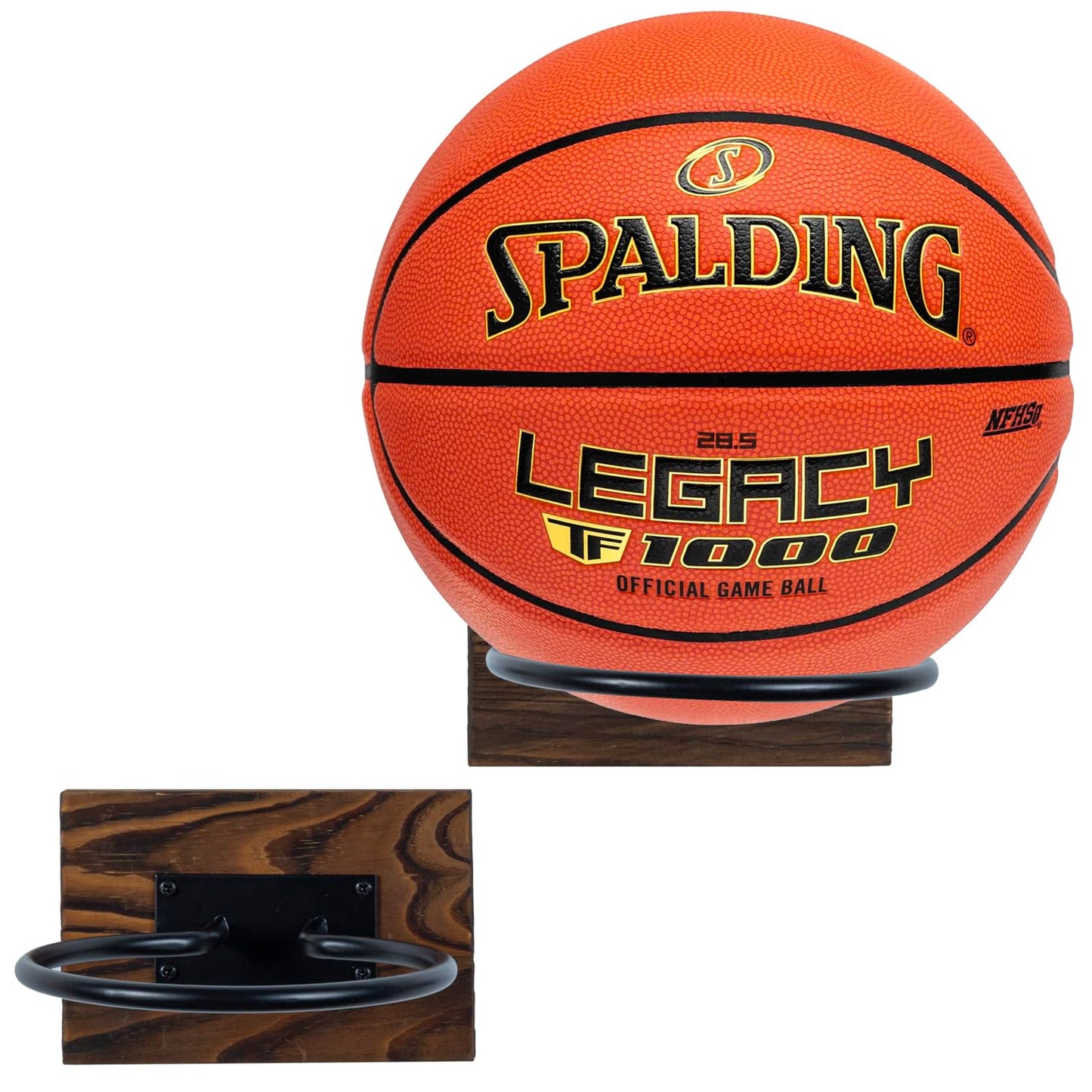 MyGift Wall-Mounted Sport Ball Rack Display Holder - Solid Brown Wood and Metal Hanging Gym Basketball Football Volleyball Soccer Ball Equipment Storage, Set of 2
