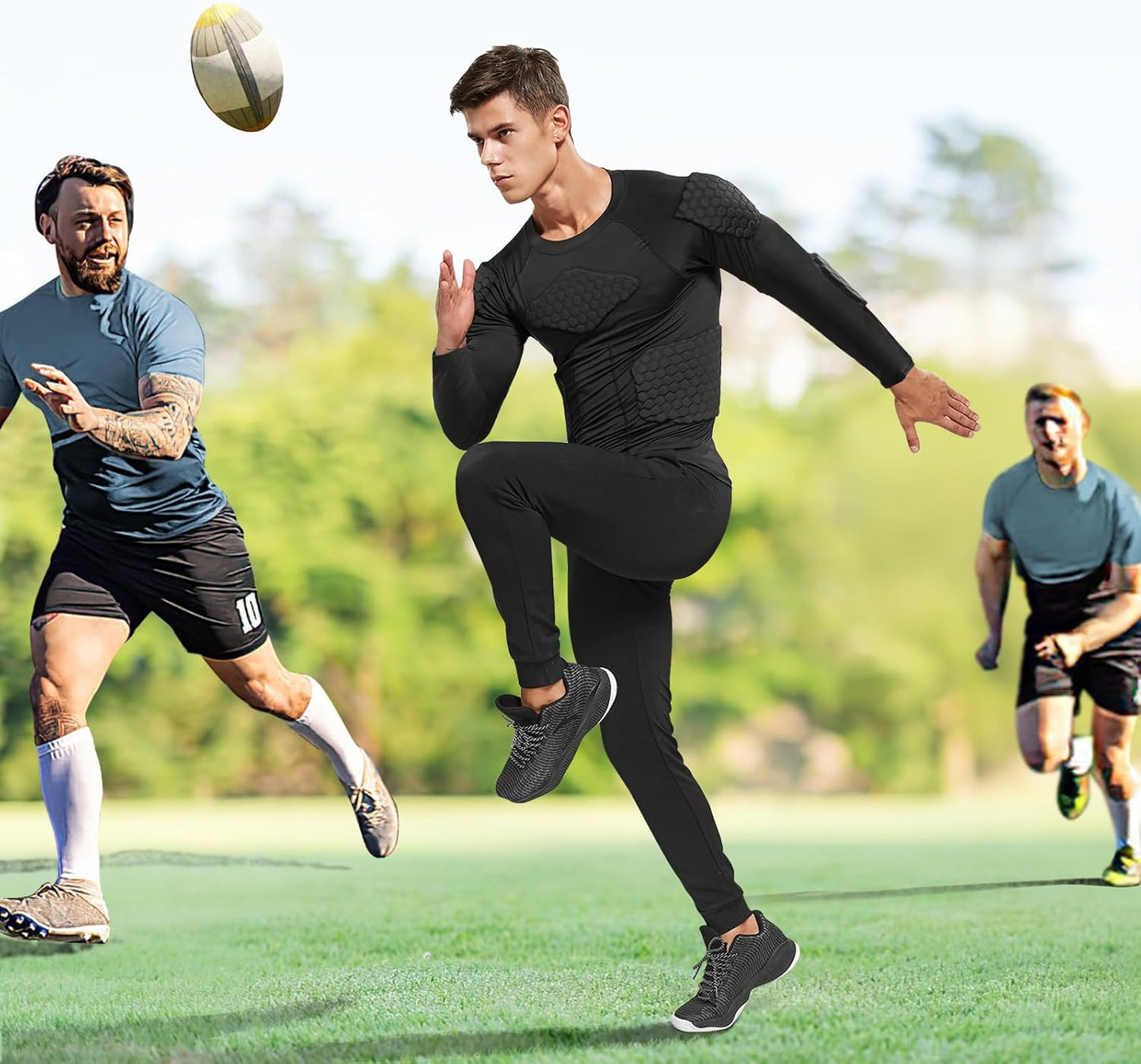 Zicac Men's Compression Rash Guard - Shock-Absorbing Padded Shirt for Soccer & Basketball | Protective Chest Rib Guards