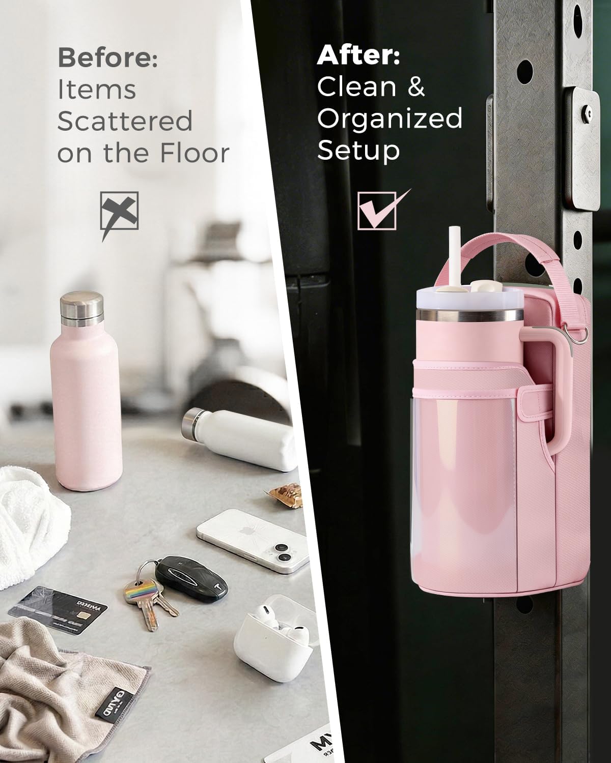 Skiennix Magnetic Gym Bag for Women - Water Bottle Holder & Touchscreen Pocket | Fits 40oz Tumbler, 4 Built-in Magnets, Shoulder Strap