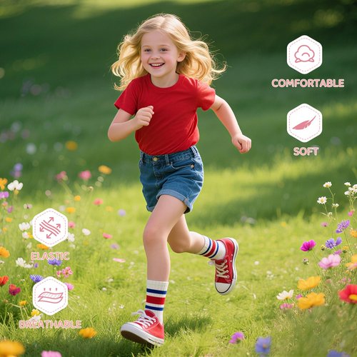 Comfoex Girls Crew Socks Kids Athletic Calf Socks 7 Pairs Soft Cotton & Casual Stripe for Children 8-10 10-12 Years Old