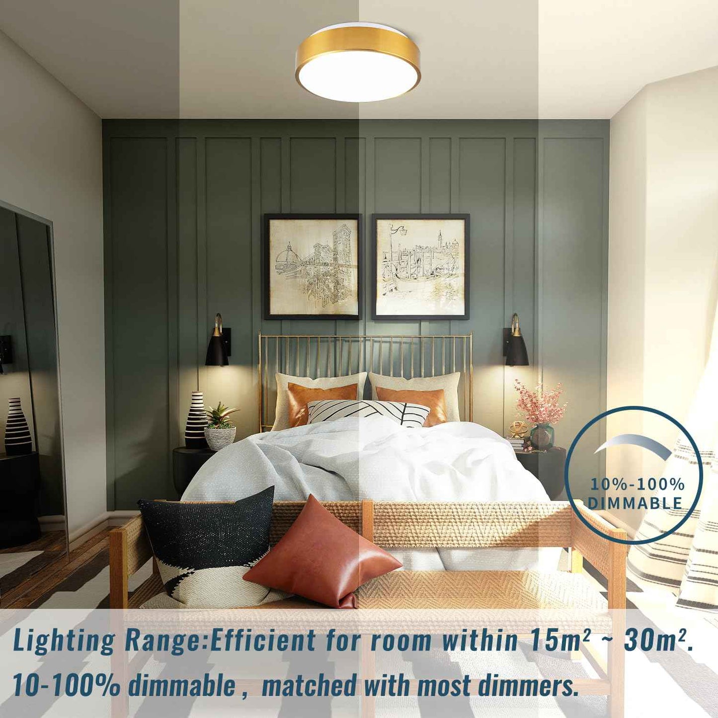 Wheatronic Gold Ceiling Light Flush Mount, LED Light Fixture 24W, Round Dimmable Flush Mount 5CCT for Bathroom, Living Room, Bedroom