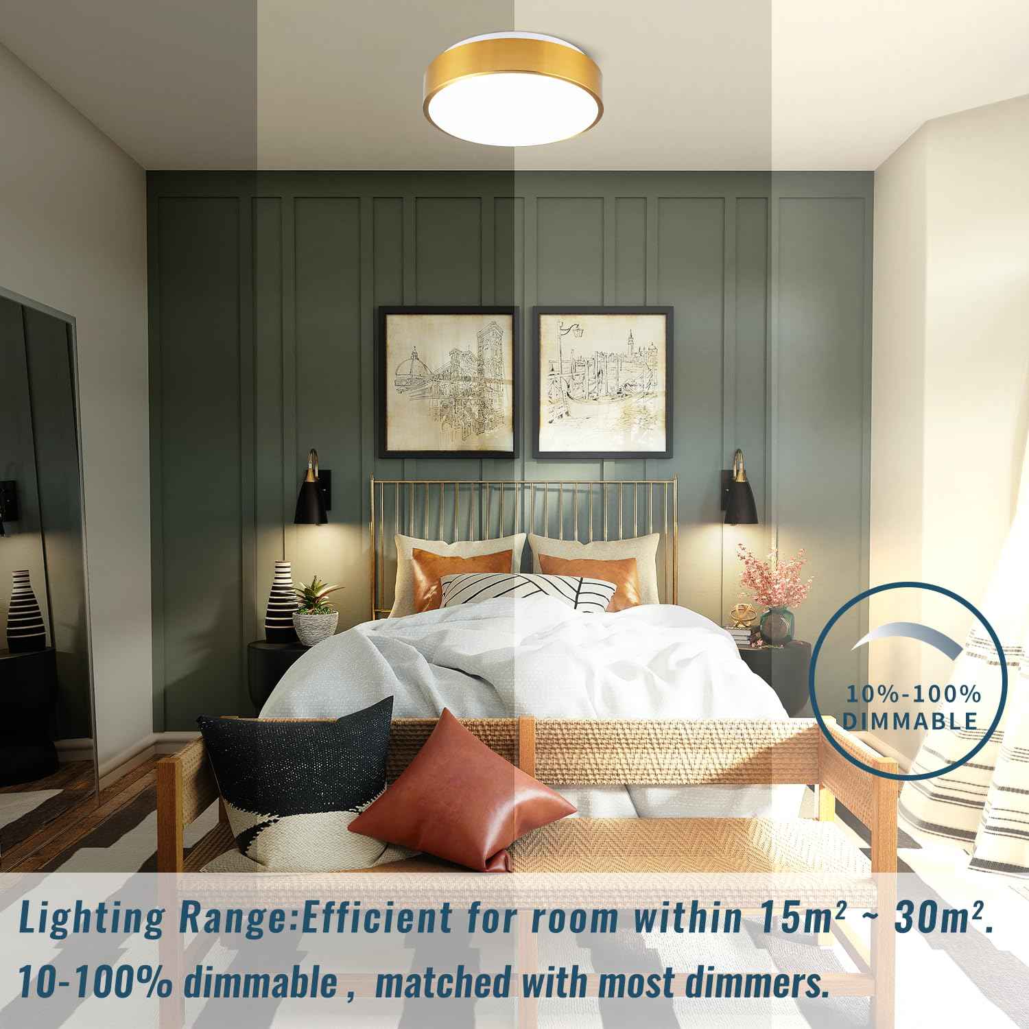 Wheatronic Gold Ceiling Light Flush Mount, LED Light Fixture 24W, Round Dimmable Flush Mount 5CCT for Bathroom, Living Room, Bedroom