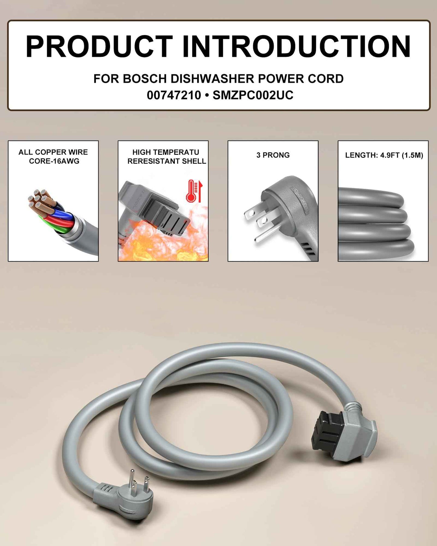 VHBW for Bosch Dishwashers Power Cord SMZPC002UC-00747210, Compatible with 24'' Bosch 800/300/500 Series Power Cord, Works with 00752018 Junction Box Plug Adapter (13A-16AWG)