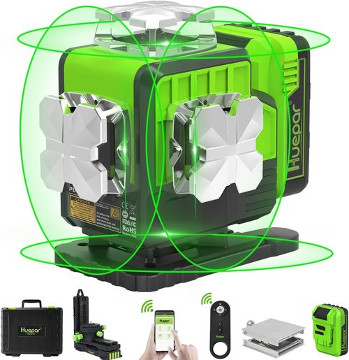 Huepar 4D Green Cross Line Laser Level - Self-Leveling 12V Tool with Bluetooth & Remote Control | 16 Lines, Upgraded Bracket
